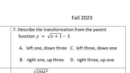 Fall 2023
sqrt(144x^6)