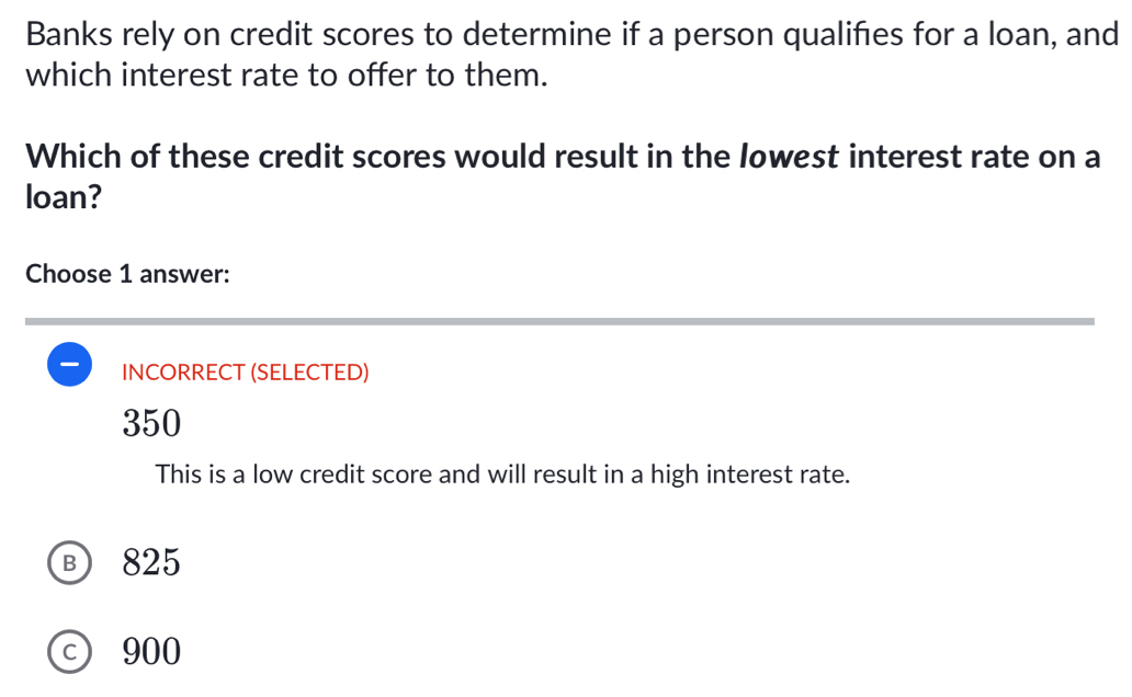 Banks rely on credit scores to determine if a person qualifies for a loan, and
which interest rate to offer to them.
Which of these credit scores would result in the lowest interest rate on a
loan?
Choose 1 answer:
INCORRECT (SELECTED)
350
This is a low credit score and will result in a high interest rate.
Ⓑ 825
ⓒ 900