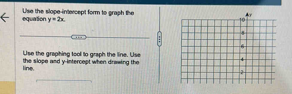 Use the slope-intercept form to graph the 
equation y=2x. 
. 
Use the graphing tool to graph the line. Use 
the slope and y-intercept when drawing the 
line.