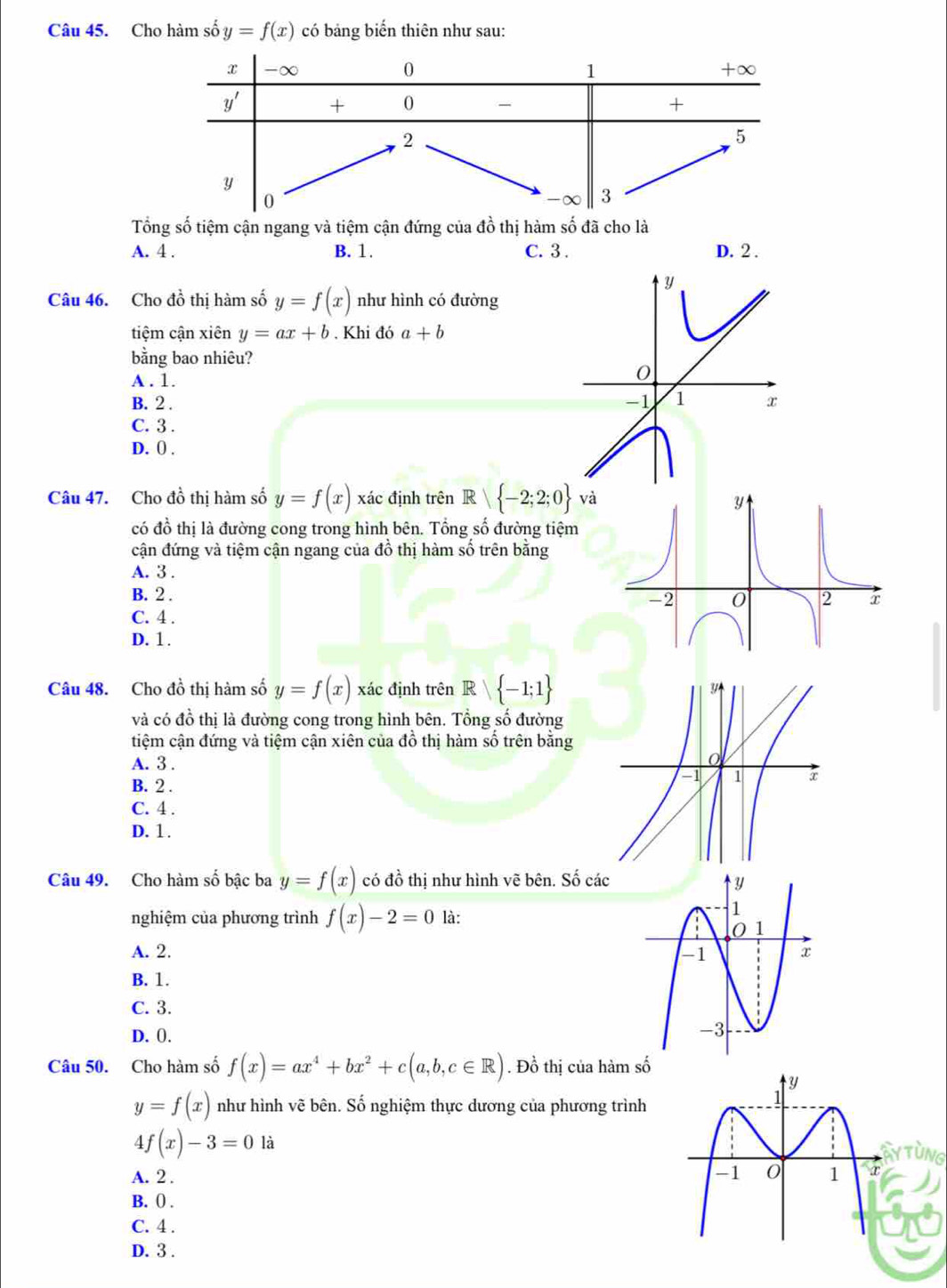 Cho hàm số y=f(x) có bảng biến thiên như sau:
Tổng số tiệm cận ngang và tiệm cận đứng của đồ thị hàm số đã cho là
A. 4 . B. 1. C. 3 . D. 2 .
Câu 46. Cho đồ thị hàm số y=f(x) như hình có đường
tiệm cận xiên y=ax+b. Khi đó a+b
bằng bao nhiêu?
A . 1.
B. 2 .
C. 3 .
D. ( .
Câu 47. Cho đồ thị hàm số y=f(x) xác định trên R| -2;2;0 va
có đồ thị là đường cong trong hình bên. Tổng số đường tiệm
cận đứng và tiệm cận ngang của đồ thị hàm số trên bằng
A. 3 .
B. 2 .
C. 4 .
D. 1.
Câu 48. Cho đồ thị hàm số y=f(x) xác định trên R| -1;1
và có đồ thị là đường cong trong hình bên. Tổng số đường
tiệm cận đứng và tiệm cận xiên của đồ thị hàm số trên bằng
A. 3 .
B. 2 .
C. 4 .
D. 1.
Câu 49. Cho hàm số bậc ba y=f(x) có đồ thị như hình vẽ bên. Số các
nghiệm của phương trình f(x)-2=0 là:
A. 2. 
B. 1.
C. 3.
D. 0.
Câu 50. Cho hàm số f(x)=ax^4+bx^2+c(a,b,c∈ R). Đồ thị của hàm số
y=f(x) như hình vẽ bên. Số nghiệm thực dương của phương trình
4 f(x)-3=0 là
TùNG
A. 2 .
B. ( .
C. 4 .
D. 3 .