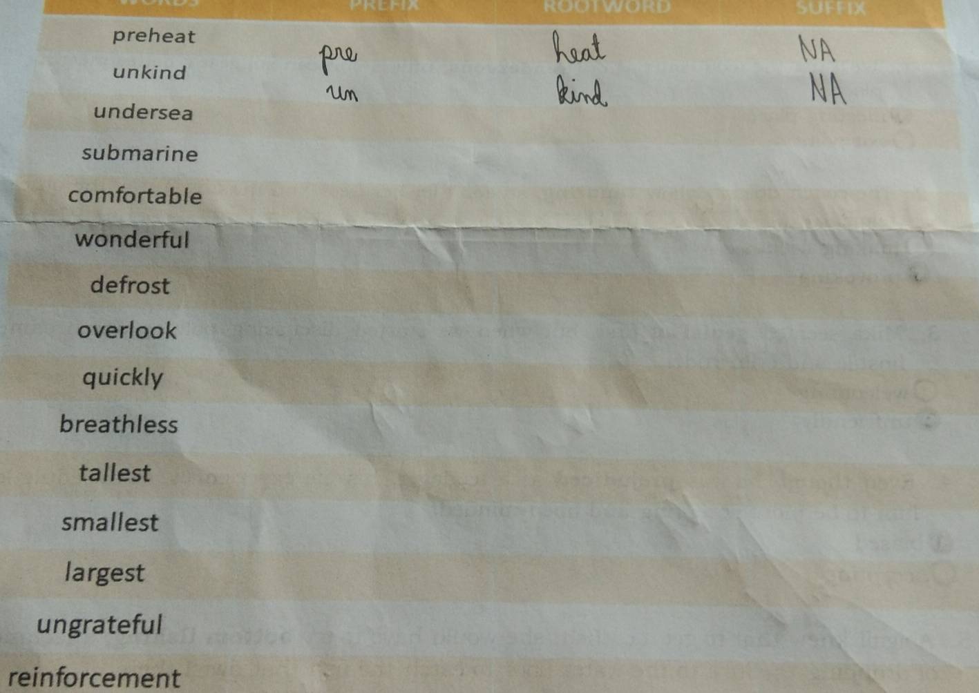 PKEHIX ROOTWORD 
preheat 
unkind 
undersea 
submarine 
comfortable 
wonderful 
defrost 
overlook 
quickly 
breathless 
tallest 
smallest 
largest 
ungrateful 
reinforcement