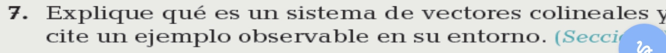 Explique qué es un sistema de vectores colineales y 
cite un ejemplo observable en su entorno. (Secci