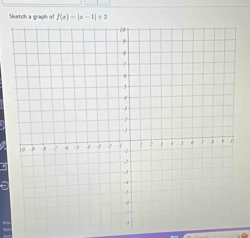 Sketch a graph of f(x)=|x-1|+2
Priv 
Terr 
Acc