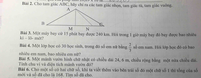 Cho tam giác ABC, hãy chỉ ra các tam giác nhọn, tam giác tù, tam giác vuông. 
Bài 3. Một máy bay cứ 15 phút bay được 240 km. Hỏi trong 1 giờ máy bay đó bay được bao nhiêu 
ki - lô- mét? 
Bài 4. Một lớp học có 30 học sinh, trong đó số em nữ bằng  2/3  số em nam. Hỏi lớp học đó có bao 
nhiêu em nam, bao nhiêu em nữ? 
Bài 5. Một mảnh vườn hình chữ nhật có chiều dài 24, 6 m, chiều rộng bằng một nửa chiều dài. 
Tính chu vi và diện tích mảnh vườn đó? 
Bài 6. Cho một số có hai chữ số, khi ta viết thêm vào bên trái số đó một chữ số 1 thì tổng của số 
mới và số đã cho là 168. Tìm số đã cho.