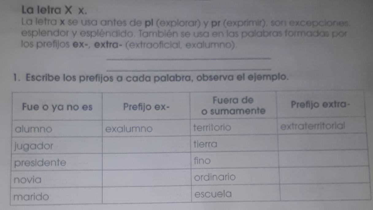 La letra X x. 
La letra x se usa antes de p (explorar) y pr (exprimir), son excepciones. 
esplendor y espléndido. También se usa en las palabras formadas por 
los prefijos ex-, extra- (extraoficial, exalumno). 
_ 
_ 
1. Escribe los prefijos a cada palabra, observa el ejemplo.