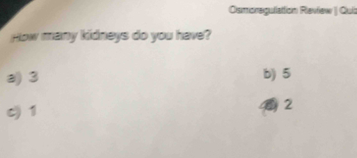 Osmoregullattion Revfew | Quib
How many kidneys do you have?
a) 3 b) 5
c 1
2
