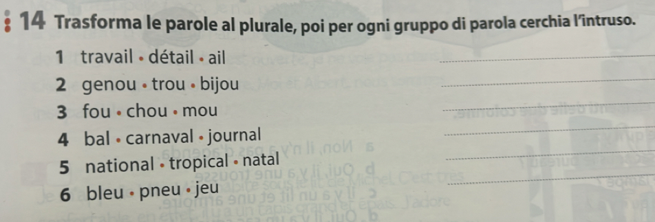 Trasforma le parole al plurale, poi per ogni gruppo di parola cerchia l'întruso. 
1 travail détail · ail 
_ 
_ 
_ 
2 genou · trou • bijou 
_ 
3 fou· chou。 mou 
_ 
4 bal • carnaval • journal 
_ 
5 national • tropical • natal 
6 bleu · pneu • jeu