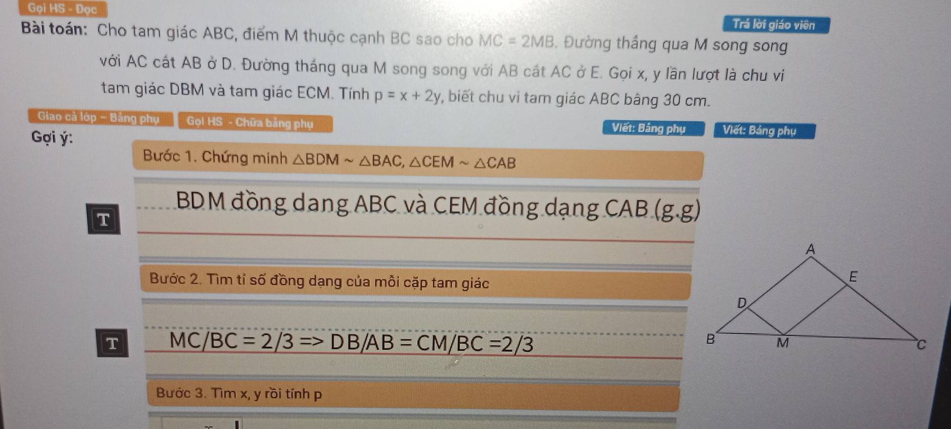 Gọi HS - Đọc 
Trá lời giáo viên 
Bài toán: Cho tam giác ABC, điểm M thuộc cạnh BC sao cho MC=2MB Đường thắng qua M song song 
với AC cát AB ở D. Đường tháng qua M song song với AB cát AC ở E. Gọi x, y lần lượt là chu vi 
tam giác DBM và tam giác ECM. Tính p=x+2y , biết chu vi tam giác ABC bâng 30 cm. 
Giao cả lớp - Bảng phụ Gọl HS - Chữa bảng phụ Viết: Bảng phụ 
Gợi ý : 
Viết: Bảng phụ 
Bước 1. Chứng minh △ BDMsim △ BAC, △ CEMsim △ CAB
BDM đồng dang ABC và CEM đồng dạng CAB (g.g) 
T 
Bước 2. Tìm tỉ số đồng dạng của mỗi cặp tam giác 
T MC/ BC=2/3= DE /AB=CM/BC=2/3
Bước 3. Tìm x, y rồi tính p