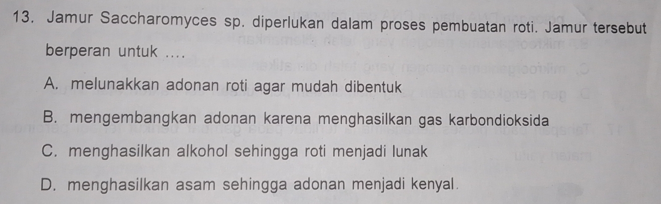 Jamur Saccharomyces sp. diperlukan dalam proses pembuatan roti. Jamur tersebut
berperan untuk ....
A. melunakkan adonan roti agar mudah dibentuk
B. mengembangkan adonan karena menghasilkan gas karbondioksida
C. menghasilkan alkohol sehingga roti menjadi lunak
D. menghasilkan asam sehingga adonan menjadi kenyal.