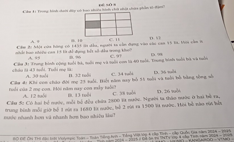 Dế Số 8
Câu 1: Trong hình dưới đây có bao nhiêu hình chữ nhật chứa phần tõ đậm?
A. 9 B. 10 C. 11 D. 12
Cầu 2: Một cửa hàng có 1435 lít đầu, người ta cần đựng vào các can 15 lit. Hỏi cần ít
nhất bao nhiêu can 15 lit để đựng hết số dầu trong kho?
A. 95 B. 96 C. 97 D. 98
Câu 3: Trung bình cộng tuổi bà, tuổi mẹ và tuổi con là 40 tuổi. Trung binh tuổi bà và tuổi
cháu là 43 tuổi. Tuổi mẹ là:
A. 30 tuổi B. 32 tuổi C. 34 tuổi D. 36 tuổi
Câu 4: Khi con chào đời mẹ 25 tuổi. Biết năm nay bố 51 tuổi và tuổi bố bằng tổng số
tuổi của 2 mẹ con. Hỏi năm nay con mấy tuổi?
A. 12 tuổi B. 13 tuổi C. 38 tuổi D. 26 tuổi
Câu 5: Có hai bể nước, mỗi bề đều chứa 2800 lít nước. Người ta tháo nước ở hai bề ra,
trung bình mỗi giờ bể 1 rút ra 1680 lít nước, bể 2 rút ra 1500 lít nước. Hỏi bề nào rút hết
nước nhanh hơn và nhanh hơn bao nhiêu lâu?
BO ĐE ÔN THI đặc biệt Violympic Toán - Toán Tiếng Anh - Tiếng Việt lớp 4 cấp Tỉnh - cấp Quốc Gia năm 2024-2025
2024-2025 5 // Đề ôn thi TNTV lớp 4 cấp Tinh năm 2024-2025
HKiMO - KANGAROO -VTMO-