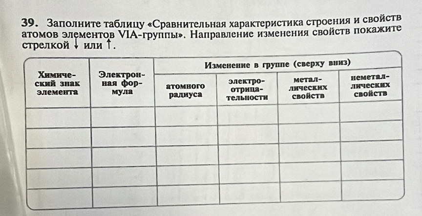 Заполните τаблицу Сравнительная характеристика строения и свойств 
атомов элементов ⅥΙΑ-груππь. Направление изменения свойств πокажите 
стрелкοй ↓ или ↑.