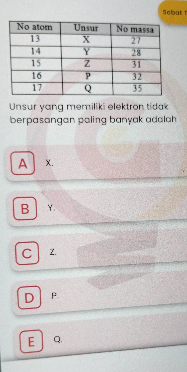 Sobat T
Unsur yang memiliki elektron tidak
berpasangan paling banyak adalah
A X.
B Y.
C Z.
D P.
E ₹Q.