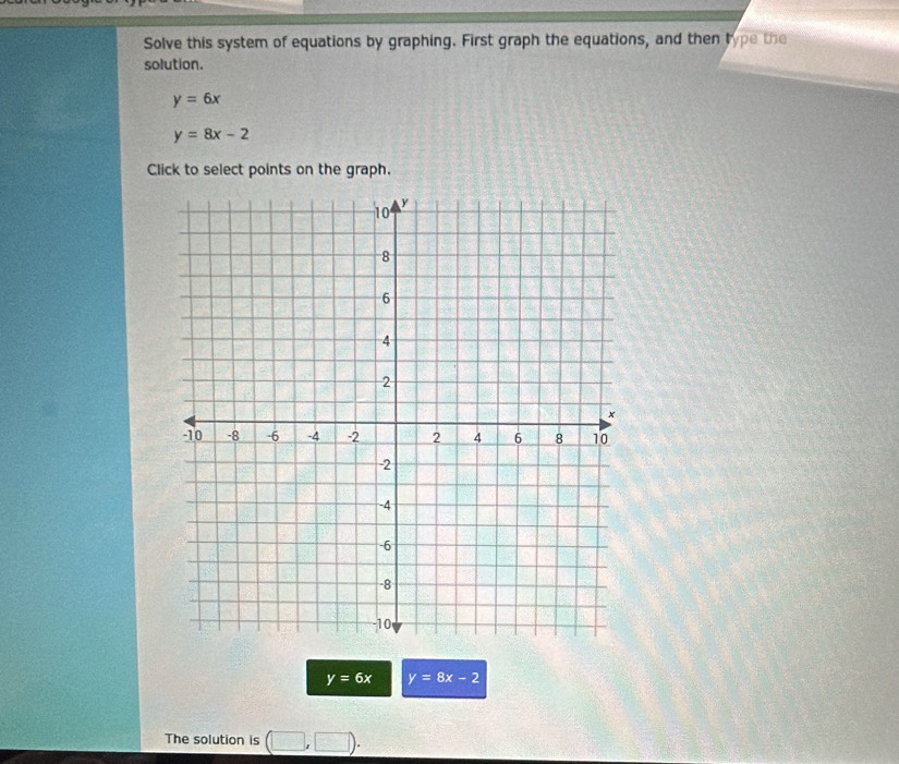 Solve this system of equations by graphing. First graph the equations, and then type the 
solution.
y=6x
y=8x-2
Click to select points on the graph.
y=6x y=8x-2
The solution is (□ ,□ ).