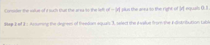 Consider the value of r such that the area to the left of — |r] plus the area to the right of |r] equals 0.1. 
Step 2 of 2 : Assuming the degrees of freedom equals 3, select the r -value from the r -distribution tabl