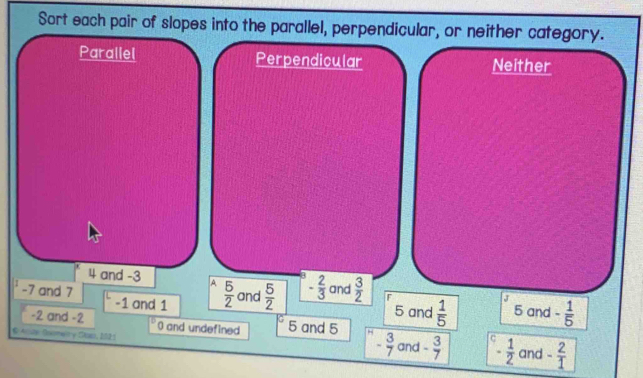 Sort each pair of slopes into the parallel, perpendicular, or neither category.
Parallel Perpendicular Neither
4 and -3 A  5/2 
-7 and 7 and  5/2  - 2/3  and  3/2 
5
-1 and 1 5 and  1/5  5 and - 1/5 
C
-2 and -2 0 and undefined 5 and 5
& Anay Soomer y Sao, 1021 and - 3/7  - 1/2  and - 2/1 
- 3/7 