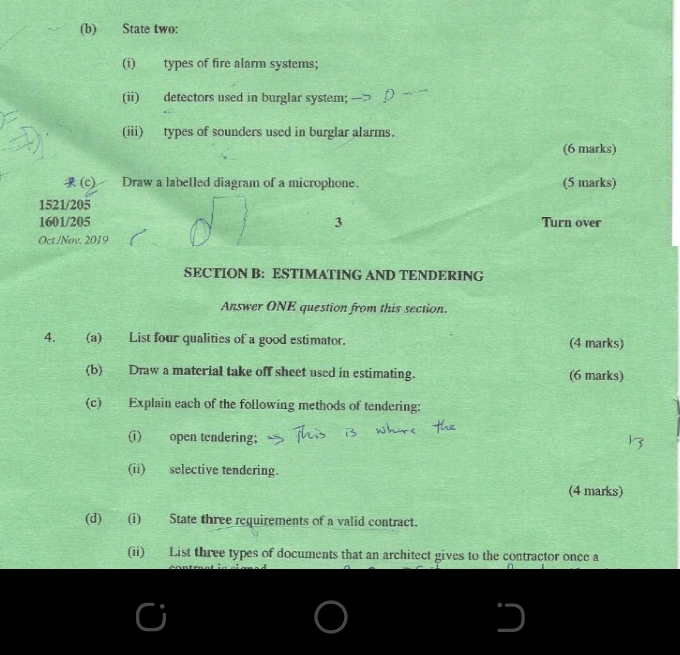 State two: 
(i) types of fire alarm systems; 
(ii) detectors used in burglar system; 
(iii) types of sounders used in burglar alarms. 
(6 marks) 
(c) Draw a labelled diagram of a microphone. (5 marks)
1521/205
1601/205 3 Turn over 
Oct /Nov. 2019 
SECTION B: ESTIMATING AND TENDERING 
Answer ONE question from this section. 
4. (a) List four qualities of a good estimator. (4 marks) 
(b) Draw a material take off sheet used in estimating. (6 marks) 
(c) Explain each of the following methods of tendering: 
(i) open tendering; 
(ii) selective tendering. 
(4 marks) 
(d) (i) State three requirements of a valid contract. 
(ii) List three types of documents that an architect gives to the contractor once a