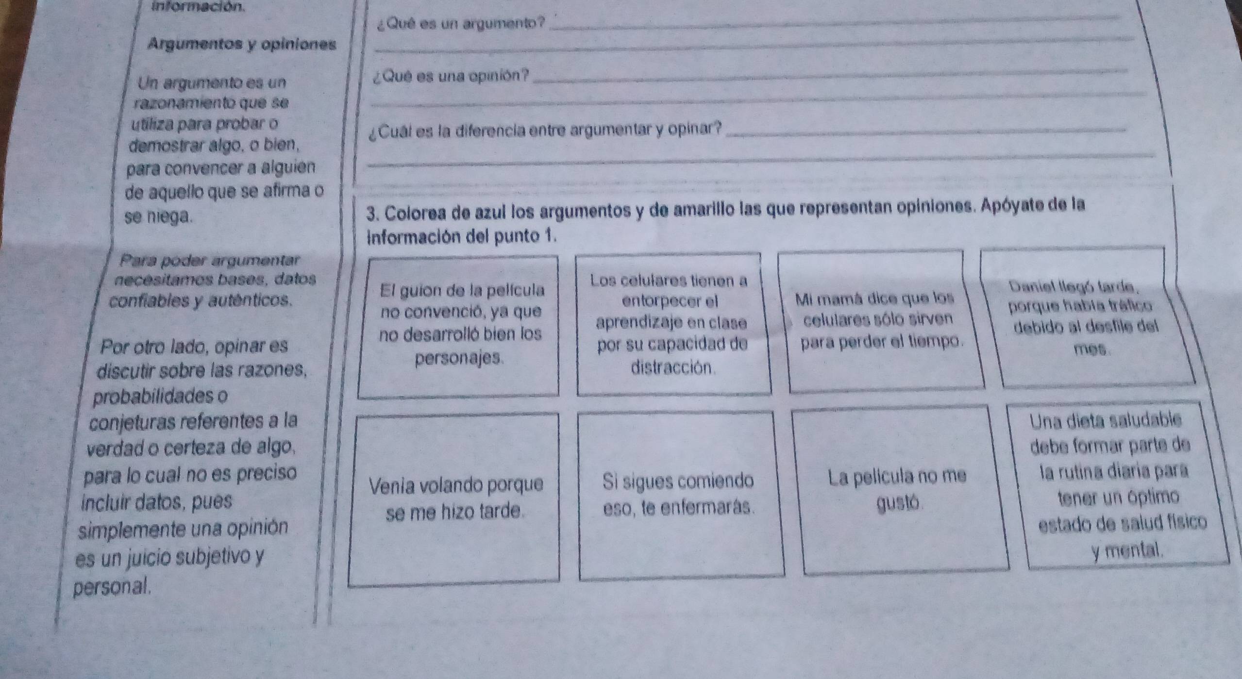 información. 
¿Qué es un argumento? 
_ 
Argumentos y opiniones 
_ 
_ 
Un argumento es un ¿Qué es una opinión? 
_ 
razonamiento que se 
utiliza para probar o 
¿Cuál es la diferencia entre argumentar y opinar?_ 
demostrar algo, o bien,_ 
para convencer a alguien 
de aquello que se afirma o 
se niega. 3. Colorea de azul los argumentos y de amarillo las que representan opiniones. Apóyate de la 
Información del punto 1. 
Para poder argumentar 
necesitamos bases, datos El guion de la película Los celuíares tienen a Daniel llegó tarde, 
confiables y auténticos. entorpecer el Mi mamá dice que los 
no convenció, ya que porque habia fráfico 
no desarrolló bien los aprendizaje en clase celulares sólo sirven debido al desfile del 
Por otro lado, opinar es por su capacidad de para perder el tiempo. mes. 
personajes. 
discutir sobre las razones, distracción. 
probabilidades o 
conjeturas referentes a la Una dieta saludable 
verdad o certeza de algo, debé formar parte de 
para lo cual no es preciso La película no me la rutina diaría para 
Venia volando porque Si sigues comiendo 
incluir datos, pues gustó. 
se me hizo tarde. eso, te enfermarás. tener un óptimo 
simplemente una opinión 
estado de salud físico 
es un juicio subjetivo y 
personal. y mental.