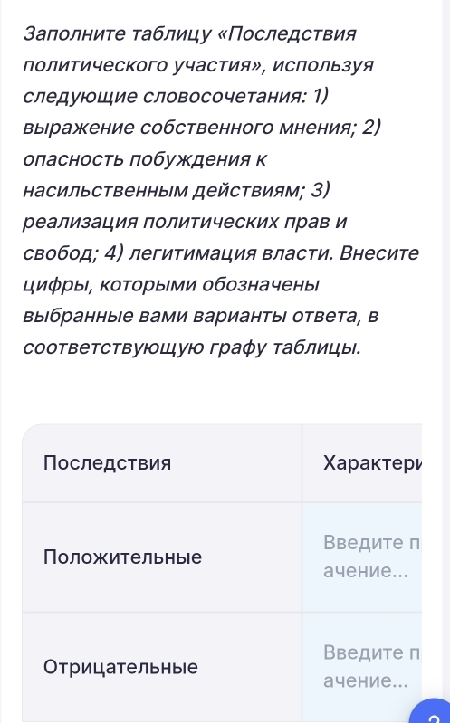 Заполниτе τаблицу «Последствия 
политического участияル, используя 
следующие словосочетания: 1) 
выражение собственного мнения; 2) 
оласность πобуждения к 
Ηасильственным действиям; 3) 
реализация политических прав и 
свобод; 4) легитимация власти. Внесите 
циφры, которыми обозначены 
выбранные вами вариантыι ответа, в 
соответствуюшую граφу таблицы.