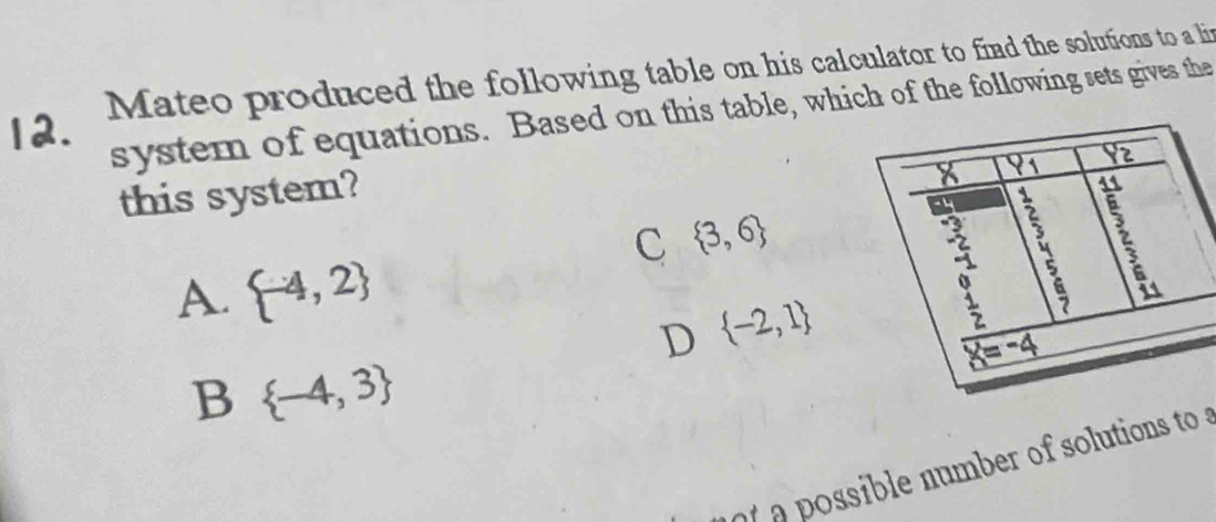 Mateo produced the following table on his calculator to find the solutions to a lir
system of equations. Based on this table, which of the following sets gives the
this system?
C  3,6
A.  -4,2
D  -2,1
B  -4,3
ssible number of s  ution s t