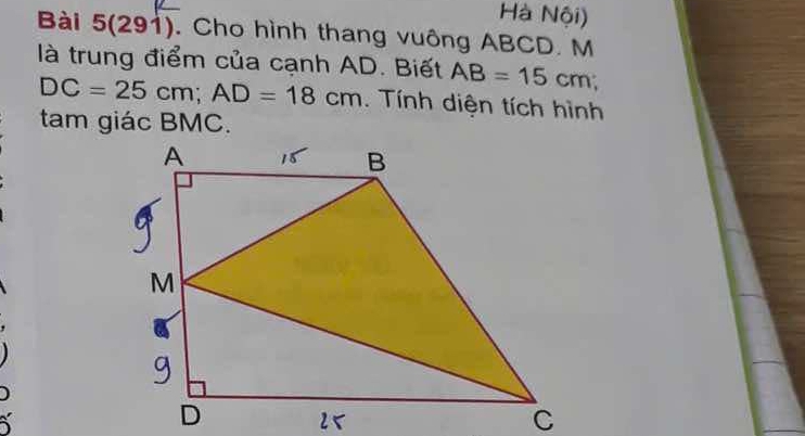 Hà Nội) 
Bài 5(291). Cho hình thang vuông ABCD. M 
là trung điểm của cạnh AD. Biết AB=15cm;
DC=25cm; AD=18cm. Tính diện tích hình 
tam giác BMC.