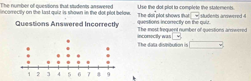 The number of questions that students answered Use the dot plot to complete the statements. 
incorrectly on the last quiz is shown in the dot plot below. The dot plot shows that students answered 4
Questions Answered Incorrectly questions incorrectly on the quiz. 
The most frequent number of questions answered 
incorrectly was . 
The data distribution is □.