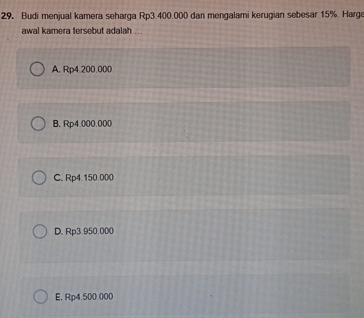 Budi menjual kamera seharga Rp3.400.000 dan mengalami kerugian sebesar 15%. Harga
awal kamera tersebut adalah ...
A. Rp4.200.000
B. Rp4.000.000
C. Rp4.150.000
D. Rp3.950.000
E. Rp4.500.000