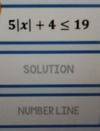 5|x|+4≤ 19
SOLUTION 
NUMBER LINE