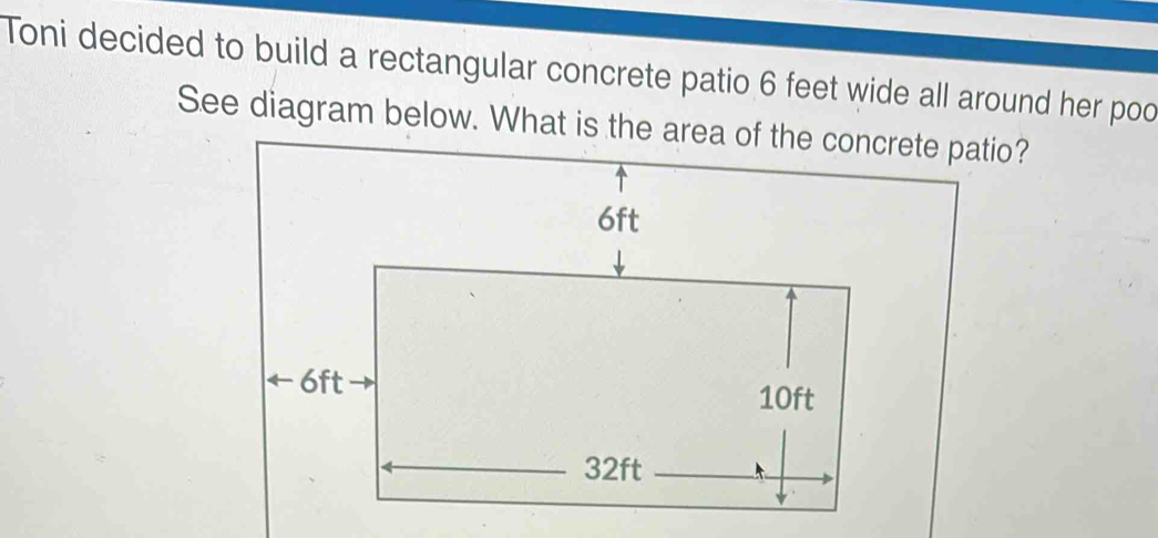 Solved: Toni decided to build a rectangular concrete patio 6 feet wide ...