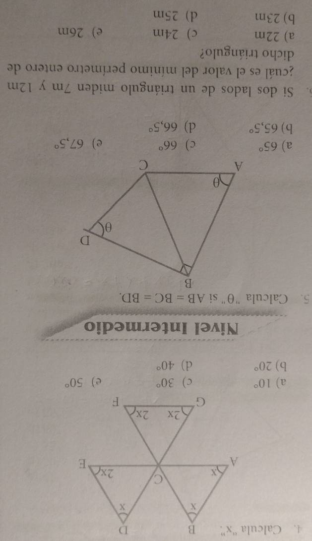 Calcula “x”
a) 10°
b) 20° d) 40°
Nivel Intermedio
5. Calcula "θ" si AB=BC=BD.
a) 65° c) 66° e) 67,5°
b) 65,5° d) 66,5°
5. Si dos lados de un triángulo miden 7m y 12m
2cuál es el valor del mínimo perímetro entero de
dicho triángulo?
a) 22m c) 24m e) 26m
b) 23m d) 25m