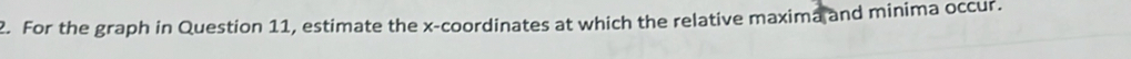 For the graph in Question 11, estimate the x-coordinates at which the relative maxima and minima occur.