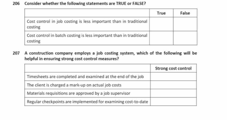 206 Consider whether the following statements are TRUE or FALSE? 
207 A construction company employs a job costing system, which of the following will be 
helpful in ensuring strong cost control measures?