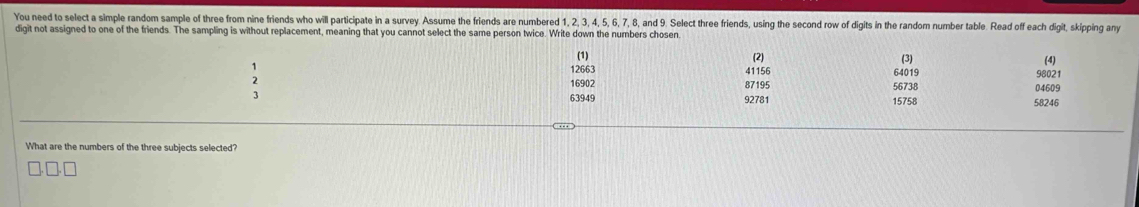 You need to select a simple random sample of three from nine friends who will participate in a survey. Assume the friends are numbered 1, 2, 3, 4, 5, 6, 7, 8, and 9. Select three friends, using the second row of digits in the random number table. Read off each digit, skipping an 
digit not assigned to one of the friends. The sampling is without replacement, meaning that you cannot select the same person twice. Write down the numbers chosen 
(1) (2) (3)
12663 41156 (4)
16902 87195 56738 64019 04609 98021
3
63949 92781 15758 58246
What are the numbers of the three subjects selected?