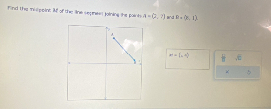 Find the midpoint M of the line segment joining the points A=(2,7) and B=(8,1).
M=(5,4)  □ /□   sqrt(□ )
× 5