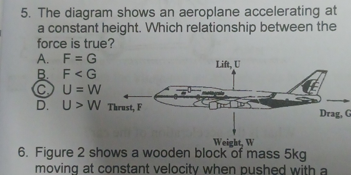 The diagram shows an aeroplane accelerating at
a constant height. Which relationship between the
force is true?
A. F=G
B. F
C U=W
D. U>W
Drag, G
6. Figure 2 shows a wooden block of mass 5kg
moving at constant velocity when pushed with a