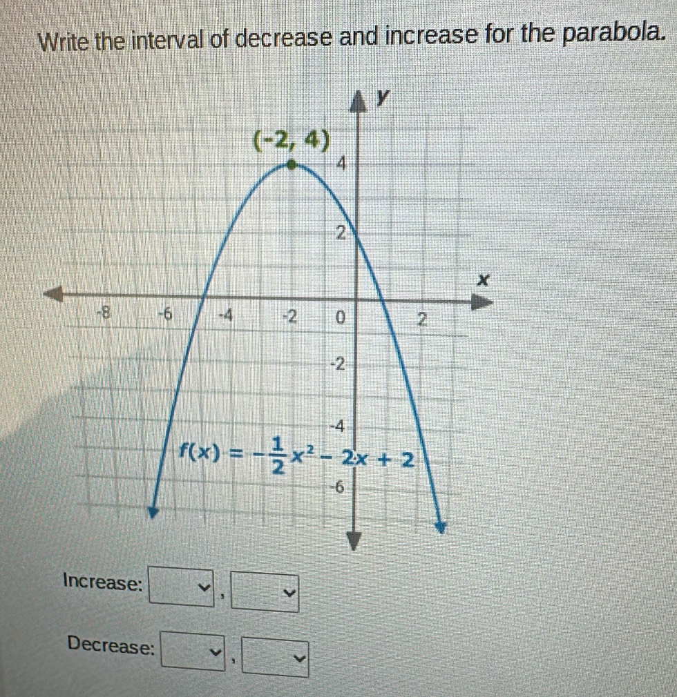 Write the interval of decrease and increase for the parabola.
Increase: □ ,□
Decrease: □ ,□