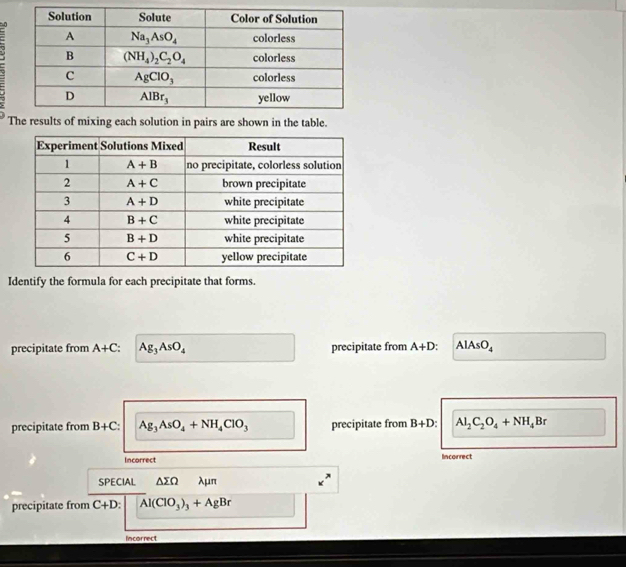 he results of mixing each solution in pairs are shown in the table.
Identify the formula for each precipitate that forms.
precipitate from A+C: Ag_3AsO_4 precipitate from A+D: AlAsO_4
precipitate from B+C: Ag_3AsO_4+NH_4ClO_3 precipitate from B+D: Al_2C_2O_4+NH_4Br
Incorrect Incorrect
SPECIAL △ sumlimits Omega λμπ
precipitate from C+D Al(ClO_3)_3+AgBr
Incorrect