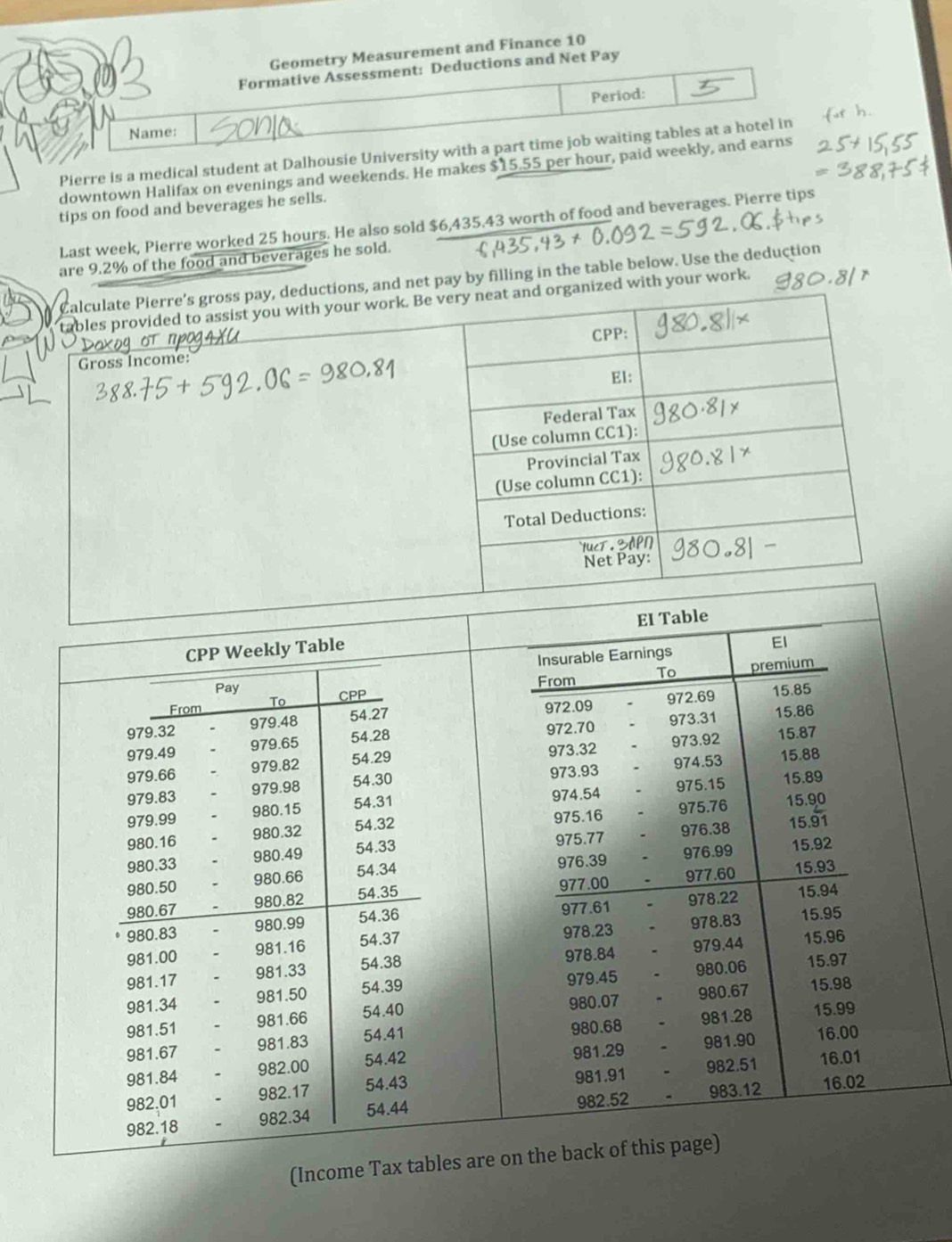 Geometry Measurement and Finance 10 
Formative Assessment: Deductions and Net Pay 
Period: 
Name: 
Pierre is a medical student at Dalhousie University with a part time job waiting tables at a hotel in 
downtown Halifax on evenings and weekends. He makes $15.55 per hour, paid weekly, and earns 
tips on food and beverages he sells. 
Last week, Pierre worked 25 hours. He also sold $6,435.43 worth of food and beverages. Pierre tips 
are 9.2% of the food and beverages he sold. 
Calculate Pierre’s gross pay, deductions, and net pay by filling in the table below. Use the deduction 
ables provided to assist you with your work. Be very neat and organized with your work. 
CPP: 
Gross Income: 
El: 
Federal Tax 
(Use column CC1): 
Provincial Tax 
(Use column CC1): 
Total Deductions: 
luer , 
Net Pay: 
(Inco