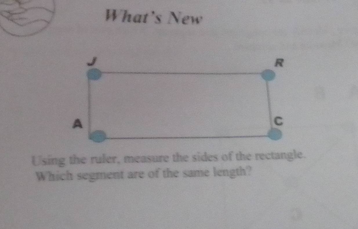 What's New 
Using the ruler, measure the sides of the rectangle. 
Which segment are of the same length?