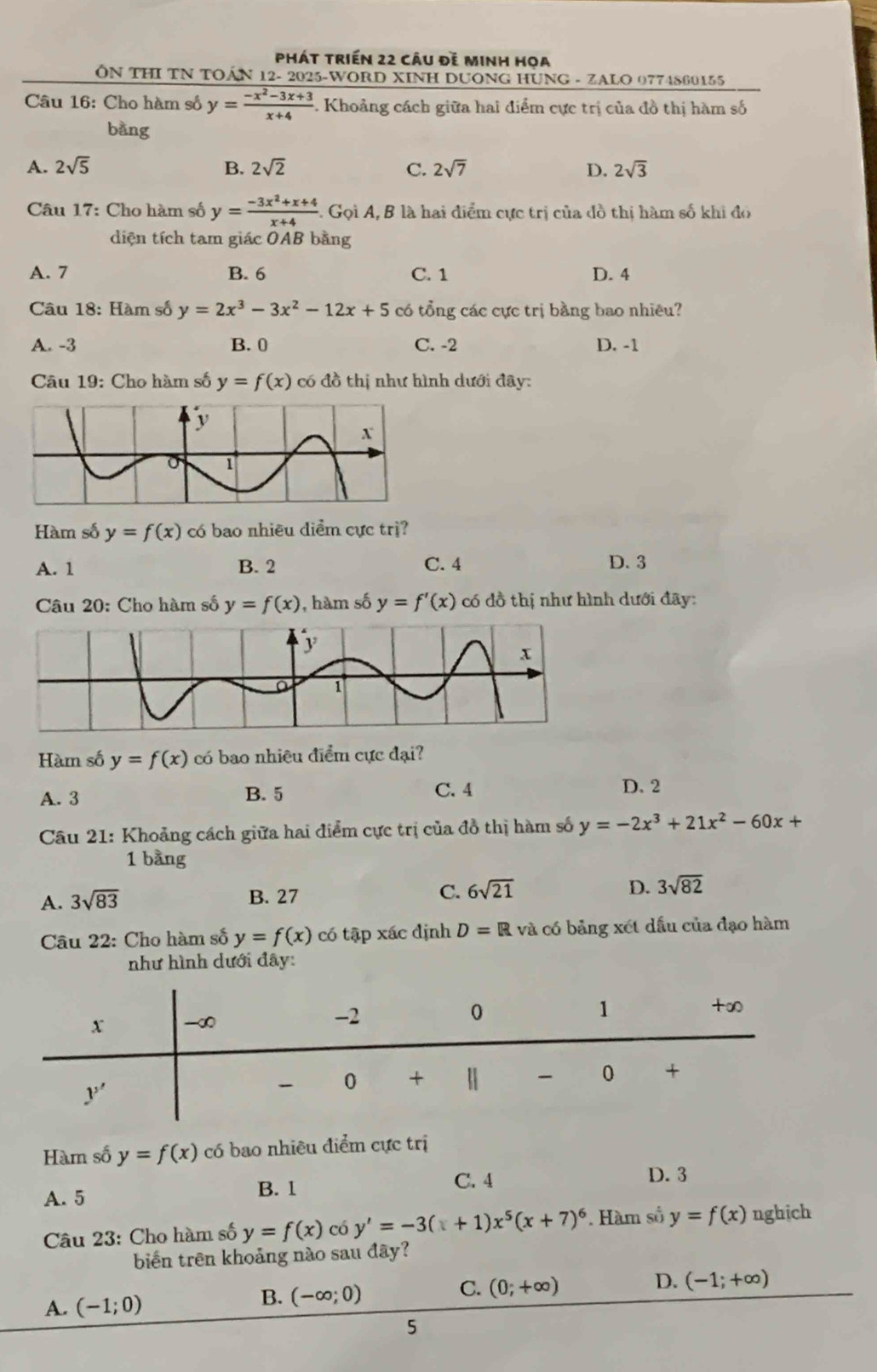 phát triền 22 câu đẻ Minh hoa
ÔN THI TN TOÁN 12- 2025-WORD XINH DUONG HUNG - ZALO 0774860155
Câu 16: Cho hàm số y= (-x^2-3x+3)/x+4 . Khoảng cách giữa hai điểm cực trị của đồ thị hàm số
bàng
A. 2sqrt(5) B. 2sqrt(2) C. 2sqrt(7) D. 2sqrt(3)
Câu 17: Cho hàm số y= (-3x^2+x+4)/x+4 .G_QiA, , B là hai điểm cực trị của đồ thị hàm số khi đó
diện tích tam giác OAB bằng
A. 7 B. 6 C. 1 D. 4
Câu 18: Hàm số y=2x^3-3x^2-12x+5 có tổng các cực trị bằng bao nhiêu?
A. -3 B. 0 C. -2 D. -1
Câu 19: Cho hàm số y=f(x) có đồ thị như hình dưới đây:
Hàm số y=f(x) có bao nhiều diểm cực trị?
A. 1 B. 2 C. 4 D. 3
Câu 20: Cho hàm số y=f(x) , hàm số y=f'(x) có đồ thị như hình dưới đãy:
Hàm số y=f(x) có bao nhiêu điểm cực đại?
A. 3 B. 5
C. 4 D. 2
Câu 21: Khoảng cách giữa hai điểm cực trị của đồ thị hàm số y=-2x^3+21x^2-60x+
1 bằng
A. 3sqrt(83)
B. 27
C. 6sqrt(21) D. 3sqrt(82)
Câu 22: Cho hàm số y=f(x) có tập xác định D=R và có bảng xét dầu của đạo hàm
như hình dưới đây:
Hàm số y=f(x) có bao nhiêu điểm cực trị
A. 5
B. 1 C. 4 D. 3
Câu 23: Cho hàm số y=f(x) có y'=-3(x+1)x^5(x+7)^6. Hàm số y=f(x) nghich
biến trên khoảng nào sau đây?
A. (-1;0) (-∈fty ;0) (0;+∈fty ) D. (-1;+∈fty )
B.
C.
5