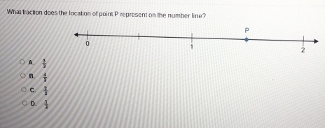 What fraction does the location of point P represent on the number line?
A.  3/3 
B.  4/3 
C.  2/3 
D.  1/2 