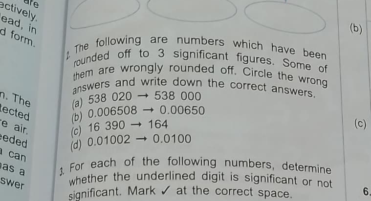 are
ectively.
ead, in
(b)
d form.
1. The following are numbers which have been
rounded off to 3 significant figures. Some of
them are wrongly rounded off. Circle the wrong
answers and write down the correct answers.
n. The (a) 538 020 → 538 000
ected (b) 0.006508 → 0.00650
e air. (c) 16 390 → 164
(c)
eded (d) 0.01002 → 0.0100
can
as a 3. For each of the following numbers, determine
swer
whether the underlined digit is significant or not 
significant. Mark✓ at the correct space. 6.