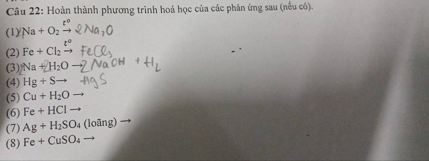 Hoàn thành phương trình hoá học của các phản ứng sau (nếu có). 
(1) Na+O_2 .O
(2) Fe+Cl_2
(3) Na+H_2O
(4) Hg+S
(5) Cu+H_2O
(6) Fe+HCl to 
(7) Ag+H_2SO_4(loang) _  
(8) Fe+CuSO_4to