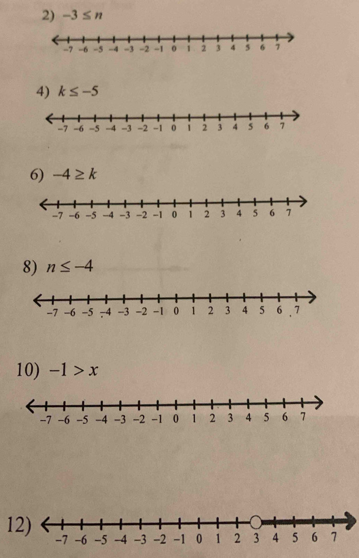 -3≤ n
4) k≤ -5
6) -4≥ k
8) n≤ -4
10) -1>x
12)