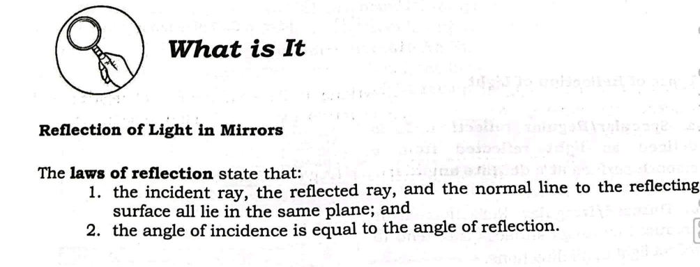 What is It 
Reflection of Light in Mirrors 
The laws of reflection state that: 
1. the incident ray, the reflected ray, and the normal line to the reflecting 
surface all lie in the same plane; and 
2. the angle of incidence is equal to the angle of reflection.