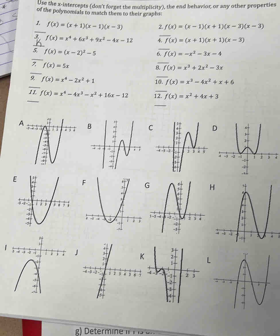 Use the x-intercepts (don't forget the multiplicity), the end behavior, or any other properties 
of the polynomials to match them to their graphs: 
_ 
1. f(x)=(x+1)(x-1)(x-3)
2. f(x)=(x-1)(x+1)(x-3)(x-3)
_ 
_ 
3 f(x)=x^4+6x^3+9x^2-4x-12 4. f(x)=(x+1)(x+1)(x-3)
5 f(x)=(x-2)^2-5
_ 
_ 
6. f(x)=-x^2-3x-4
Z. f(x)=5x
_ 
_ 
8. f(x)=x^3+2x^2-3x
9 f(x)=x^4-2x^2+1
_ 
_ 
10. f(x)=x^3-4x^2+x+6
_ 
_ 
11. f(x)=x^4-4x^3-x^2+16x-12 12. f(x)=x^2+4x+3
_ 
BCD 

H 
, 
L 
g) Determine I 1