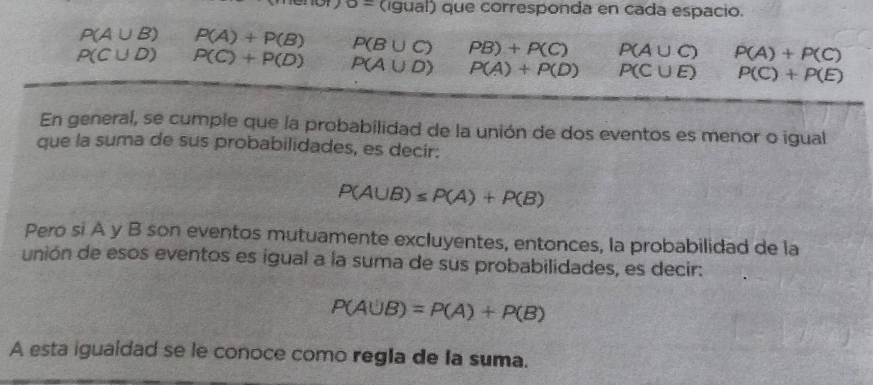 o= (igual) que corresponda en cada espacio.
P(A∪ B) P(A)+P(B) P(B∪ C) PB)+P(C) P(A∪ C) P(A)+P(C)
P(C∪ D) P(C)+P(D) P(A∪ D) P(A)+P(D) P(C∪ E) P(C)+P(E)
En general, se cumple que la probabilidad de la unión de dos eventos es menor o igual 
que la suma de sus probabilidades, es decir:
P(A∪ B)≤ P(A)+P(B)
Pero si A y B son eventos mutuamente excluyentes, entonces, la probabilidad de la 
unión de esos eventos es igual a la suma de sus probabilidades, es decir:
P(A∪ B)=P(A)+P(B)
A esta igualdad se le conoce como regla de la suma.