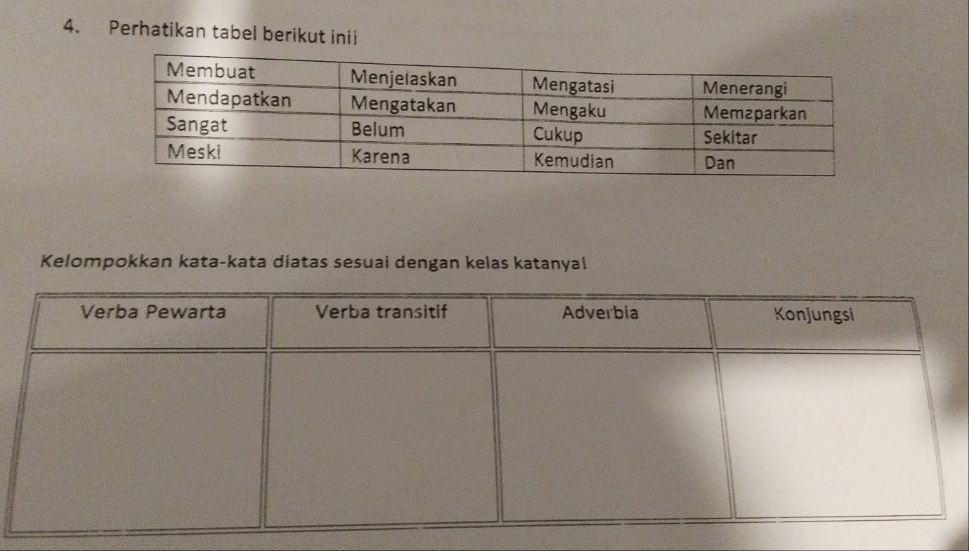 Perhatikan tabel berikut inii 
Kelompokkan kata-kata diatas sesuai dengan kelas katanyal