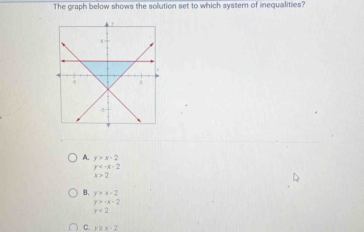 The graph below shows the solution set to which system of inequalities?
A. y>x-2
y
x>2
B. y>x-2
y>-x-2
y<2</tex> 
C. y≥ x-2