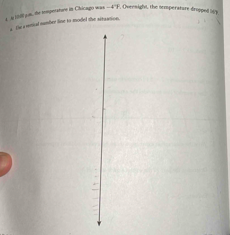 At 10:00 p.m., the temperature in Chicago was -4°F. Overnight, the temperature dropped 16°
a. Use a vertical number line to model the situation.
