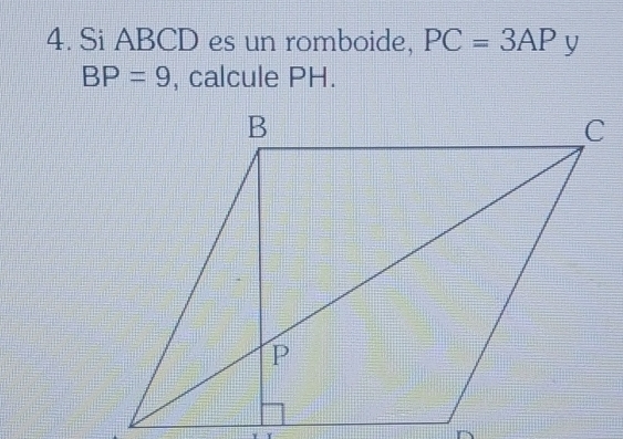 Si ABCD es un romboide, PC=3APy
BP=9 , calcule PH.